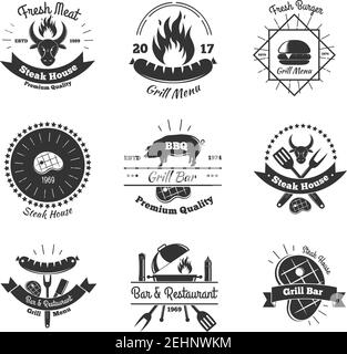 Steakhouse vintage emblems collection with flat monochrome images of kitchenware flame meat steaks and decorative elements vector illustration Stock Vector