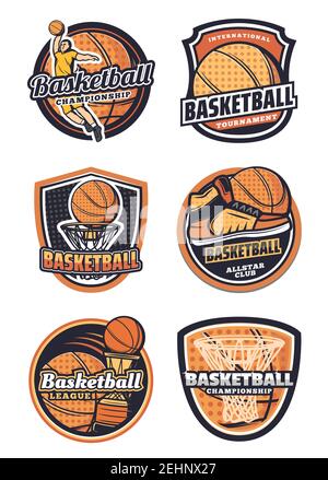 Basketball league, championship or tournament, sport team badges. Vector icons of basketball ball in basket net goal, player and sneakers, victory cup Stock Vector