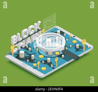 Modern safe virtual payments methods isometric composition with cryptocurrency blockchain symbols on fresh green background vector illustration Stock Vector