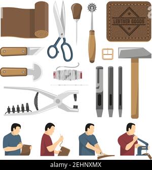 Skinner tools decorative icons set used for scribing cutting sewing leather goods flat vector illustration Stock Vector