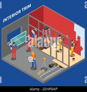 Isometric home repair worker people composition interior trim by group of workers vector illustration Stock Vector