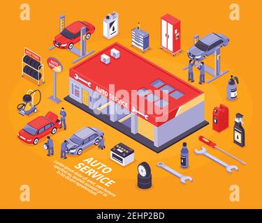 Isometric auto service center and various tools for repairing vehicles concept isolated on bright orange background 3d vector illustration Stock Vector