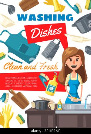 Housewife at kitchen washing dishes and table with dirty saucepan. Vector woman in apron with plate near sink, brush and rubber gloves, wooden cutting Stock Vector