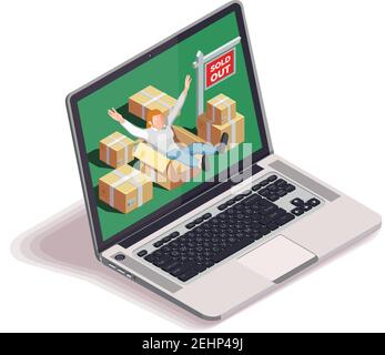 Moving people isometric concept with happy male human character and cardboard boxes on laptop computer screen vector illustration Stock Vector