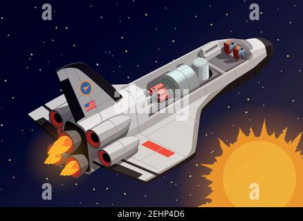 Astronauts in spaceship isometric composition with extraterrestrial space background sun and man-rated space vehicle vector illustration Stock Vector