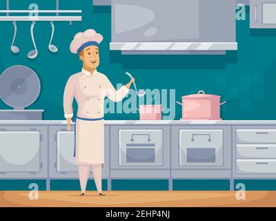 Yacht cruise ship crew cook cartoon character in galley kitchen preparing food poster abstract retro vector illustration Stock Vector