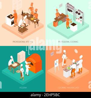 Cooking isometric design concept with professional kitchen and food preparation, pizzeria, culinary master class isolated vector illustration Stock Vector