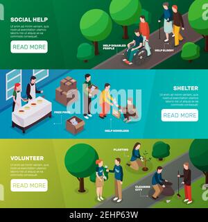 Charity volunteer people isometric banners set with images representing volunteering activities editable text and read more button vector illustration Stock Vector