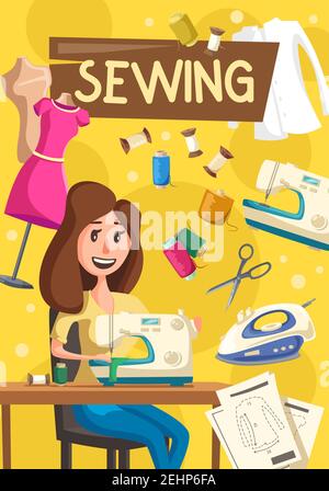 Woman works on sewing machine, vector. Seamstress sewing clothes at home, thread and needle, iron and dummy in dress, shirt and scissors, clothes draf Stock Vector