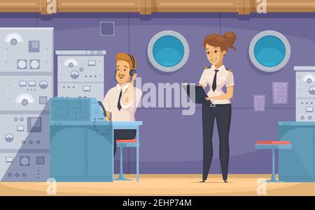 Cruise liner yacht ship crew members at work with   technical officer and chief mate cartoon banner vector illustration Stock Vector