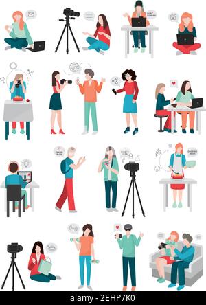 Bloggers people flat set of isolated doodle style characters doing social media activities with thought bubble pictograms vector illustration Stock Vector