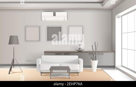 Realistic lounge interior in light tones with furniture, floor lamp, french window, decorative plant 3d vector illustration Stock Vector