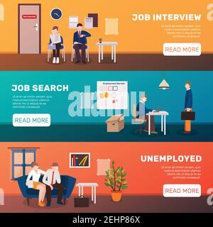 Unemployed people three flat banners set with image compositions editable text title and read more button vector illustration Stock Vector