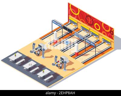 Bowling center isometric interior with game equipment including balls in return system, tables for visitors vector illustration Stock Vector