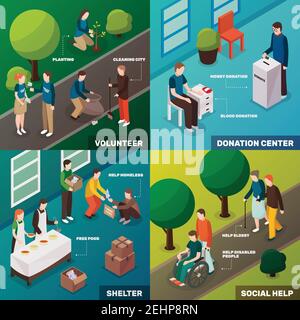 Charity volunteer people isometric 2x2 design concept with human characters of young humanitarian enthusiasts and activities vector illustration Stock Vector