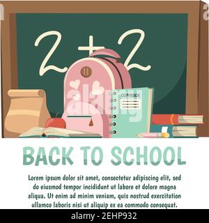 School orthogonal background with back to school headline and chalkboard pink backpack vector illustration Stock Vector
