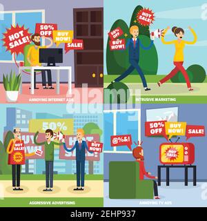 Four square annoying intrusive advertisement icon set with internet ads intrusive marketing aggressive advertise and annoying tv ads descriptions vect Stock Vector