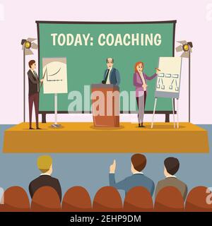 Coaching lecture with business training and conference symbols flat vector illustration Stock Vector