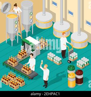 Isometric background with process of beer production in brewery 3d vector illustration Stock Vector