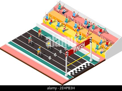 Cycling design concept with isometric fragment of stadium fans and athletes approached to finish line vector illustration Stock Vector