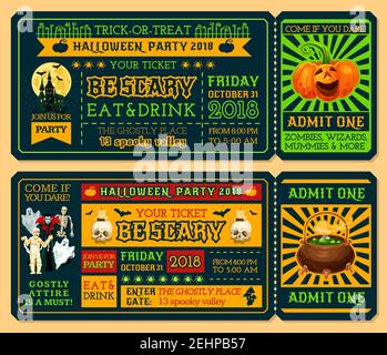 Halloween ticket template for october holiday night party. Admit one ticket design with horror pumpkin lantern, ghost and bat, spooky house, moon and Stock Vector