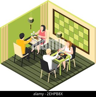 Isometric composition with two couples having dinner at sushi bar on white background 3d vector illustration Stock Vector