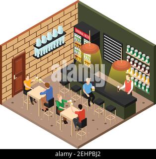 Isometric original beer shop interior and merry visitors clanging mugs 3d vector illustration Stock Vector