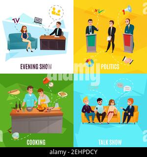 Participants in cooking evening and political talk shows 2x2 design concept isolated on colorful backgrounds cartoon vector illustration Stock Vector