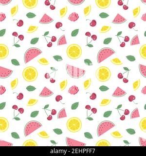 Cute spring or summer seamless pattern with cherries, lemons and watermelons Stock Vector