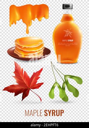 Maple syrup isolated elements set on transparent background with red maple leaf pancakes and branded glass bottle vector illustration Stock Vector