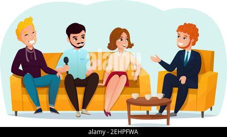Three smiling talk show participants sitting on yellow sofa cartoon vector illustration Stock Vector