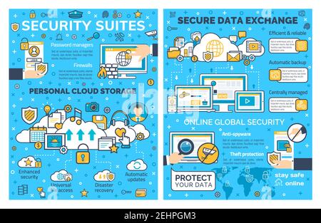 Internet security and personal cloud storage web protection. Vector poster of online secure technology for private data access and exchange in compute Stock Vector