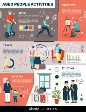 Modern aged people flat infographics with doodle style images of elderly people creative lifestyle with editable text vector illustration Stock Vector