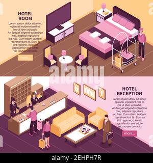 Two horizontal colored isometric hotel banner set with hotel room and reception descriptions with more buttons vector illustration Stock Vector