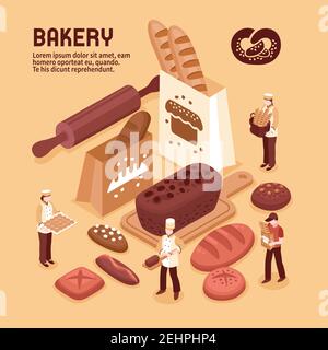 Bakery isometric concept with fresh bread bakers and delivery person 3d vector illustration Stock Vector