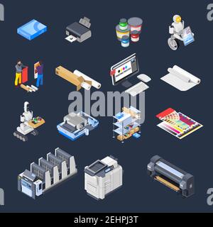 Printing house polygraphy industry isometric icons set of isolated computer peripherals printer consumables paper and furniture vector illustration Stock Vector
