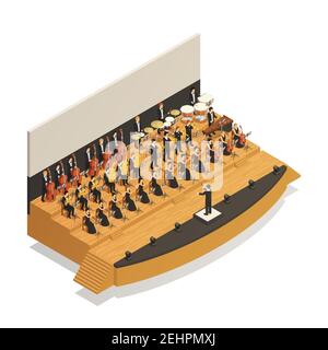Big orchestra playing classical music on stage with conductor 3d isometric composition vector illustration Stock Vector