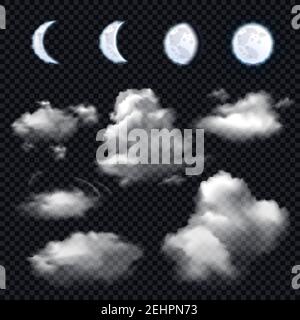 Realistic set of four phases of moon and different cloud shapes on transparent background isolated vector illustration Stock Vector