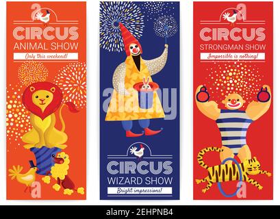 Set of vertical banners with advertising of circus show with magician, strongman, trained animals isolated vector illustration Stock Vector