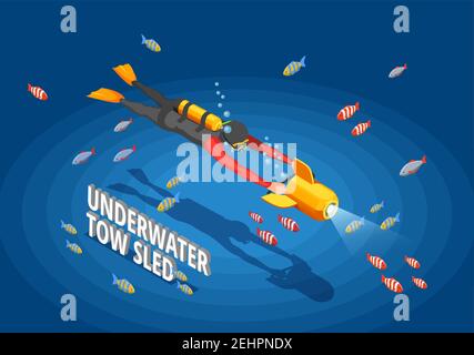 Scuba diving snorkelling isometric composition with human character in wet suit with spotlight and cumbersome text vector illustration Stock Vector