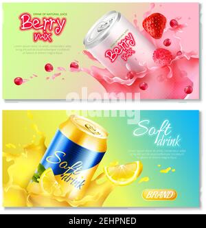 Two colored aluminum cans drinks horizontal banner set with drink natural juice berry mix and soft drink descriptions vector illustration Stock Vector