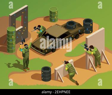 Paintball isometric composition with playground landscape fighter characters artificial barriers burned-out car and other debris vector illustration Stock Vector