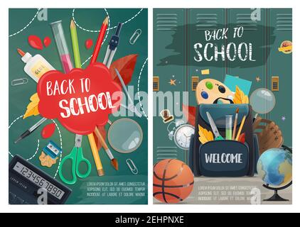 Back to school posters, hall with lockers and backpack full of stationery for education, pencils and scissors, globe and basketball, palette and baseb Stock Vector