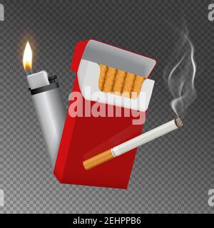 Realistic burning cigarette with smoke, red carton pack, lighter with flame, composition on transparent background vector illustration Stock Vector