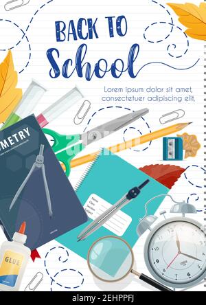 Back to School poster for education season sale with ink pen lettering. Vector autumn leaf, stationery and books for algebra, geometry or geography an Stock Vector