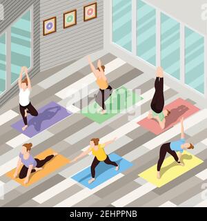 Isometric background with people doing yoga on colorful carpets in spacious fitness studio 3d vector illustration Stock Vector