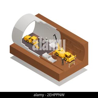 Isometric composition with underground tunnel construction process on white background 3d vector illustration Stock Vector