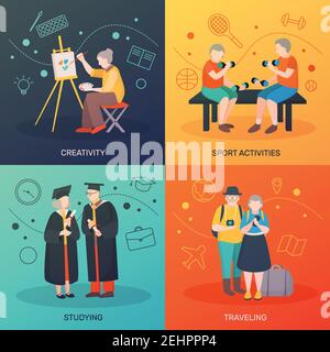 Modern aged people flat 2x2 design concept with four doodle compositions human characters and drawn symbols vector illustration Stock Vector