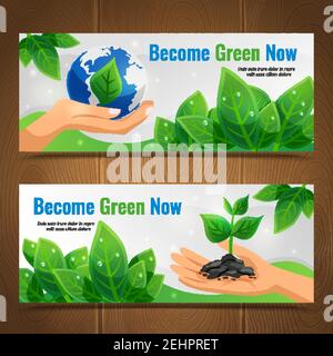 Two ecology horizontal banner set with become green now headlines and place for descriptions vector illustration Stock Vector