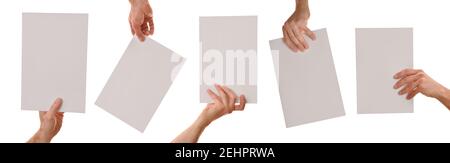 Set of five hands holding a white sheet a4 in different positions with white isolated background Stock Photo